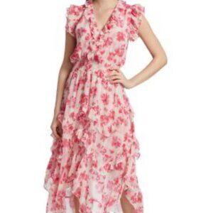 Misa Los Angeles White and Pink Floral Wrap Midi Dress